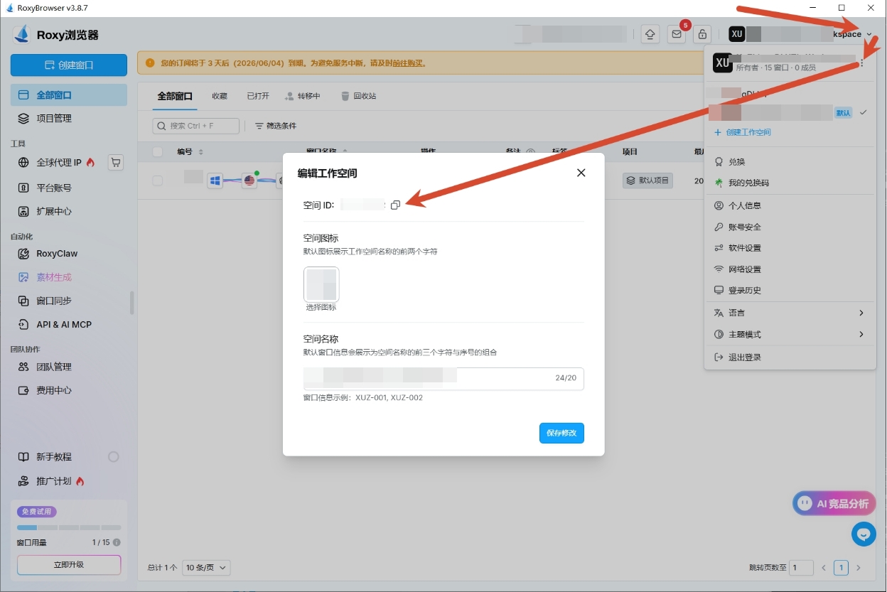 RoxyBrowser 空间ID 复制位置
